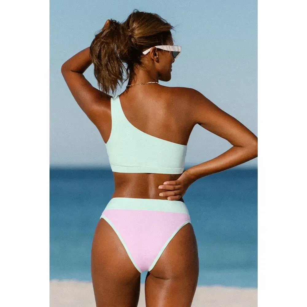 Cupshe Spring Macaron One Shoulder Cutout And High Waist Bikini Set✨